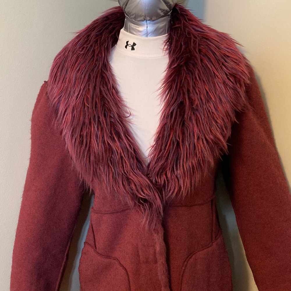 Long Reversible Teddy Coat in Burgundy with Faux Fur Trim - Picture 6 of 14